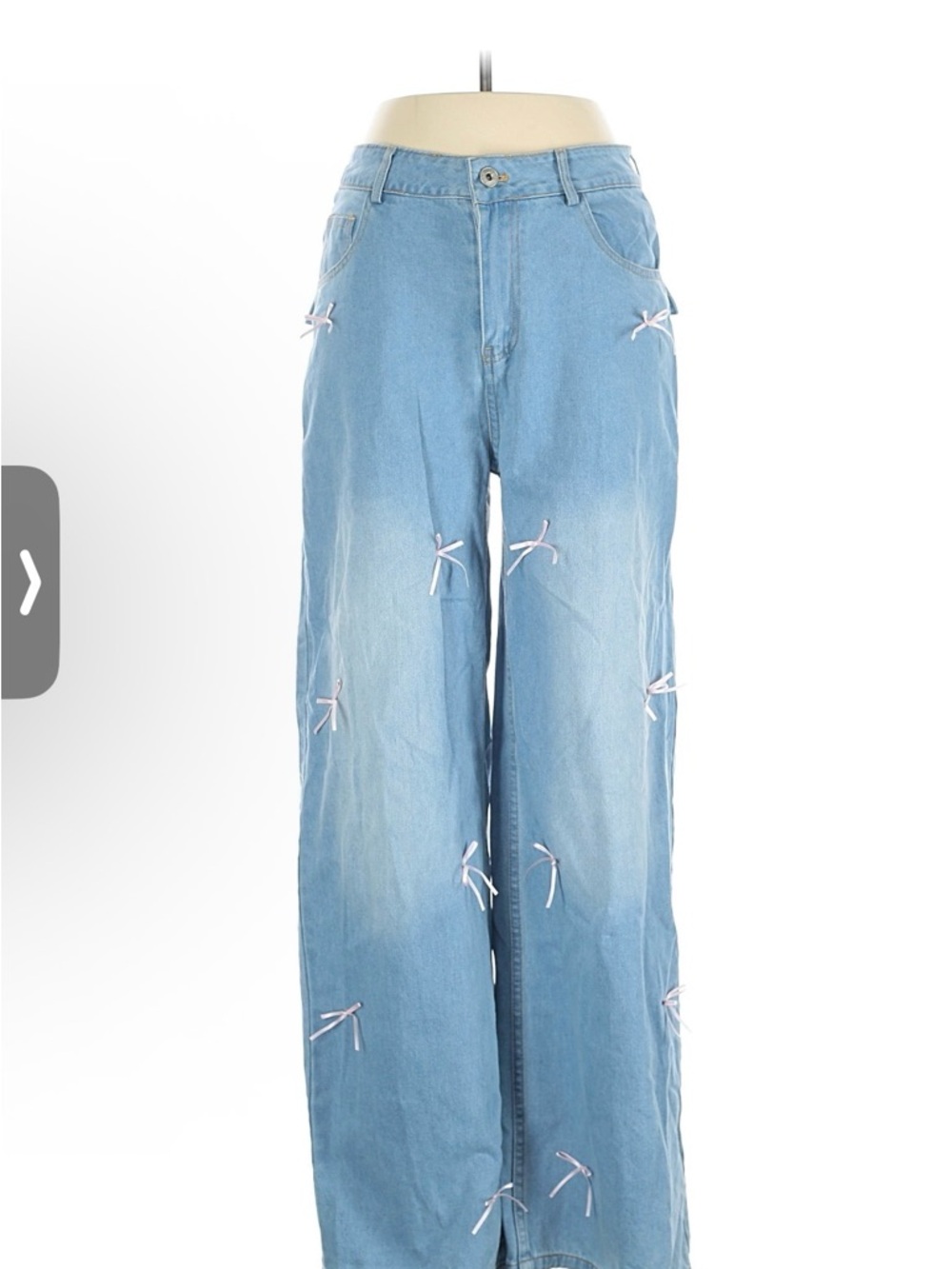 High-Waist Light Blue Wide-Leg Jeans with Ribbon Accents